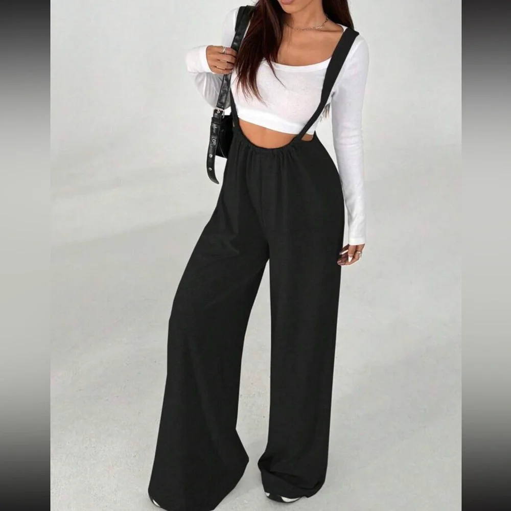 Jumpsuit overall Black Women's tie adjustable strap wide leg - Picture 2 of 4